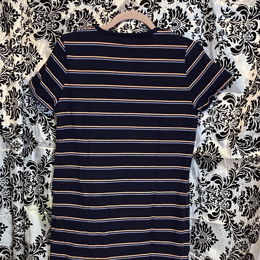 J Crew t-shirt dress, navy with pink stripes